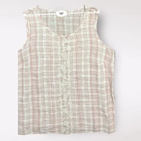 April Cornell Linen Tank L Pink White Plaid Sleeveless Boho Cottagecore Size L