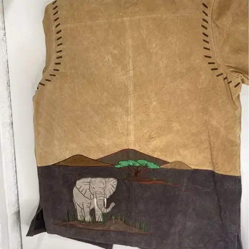 VTG Leather Tan Safari Elephant Animal Boho Jacket Coat Nature quaker factory M Size M