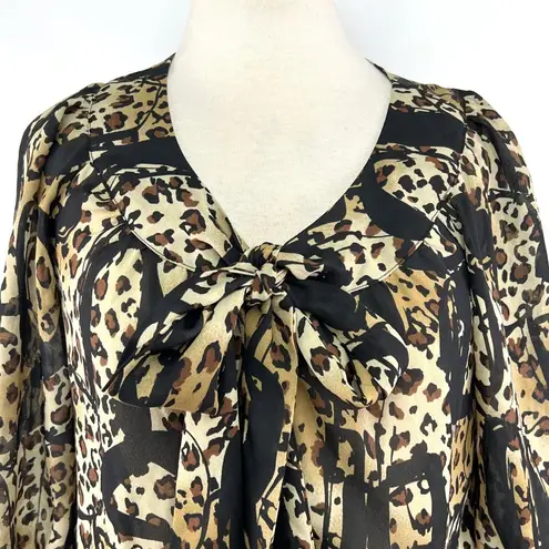 Allison Taylor Size Small Brown Leopard Sheer Button Up Bow Top Blouse