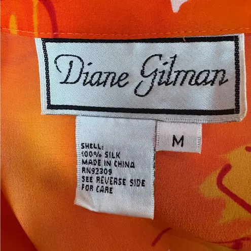 Diane Gilman  100% Silk Floral Sequin Blouse Orange Yellow Print Size Medium