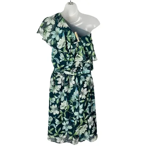 Eliza J Blue & Green Floral Ruffle One Shoulder Fit & Flare Mini Dress 14