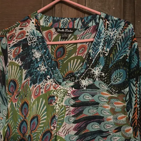 Double Decker Top Size M Sheer Tunic Beach Cover Up‎ Peacock Feathers Sequins Blue Size M