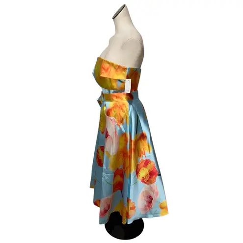 NWT $995 Rene Ruiz mikado midi dress In Teal / Yellow / Red Belted Blue Size 10