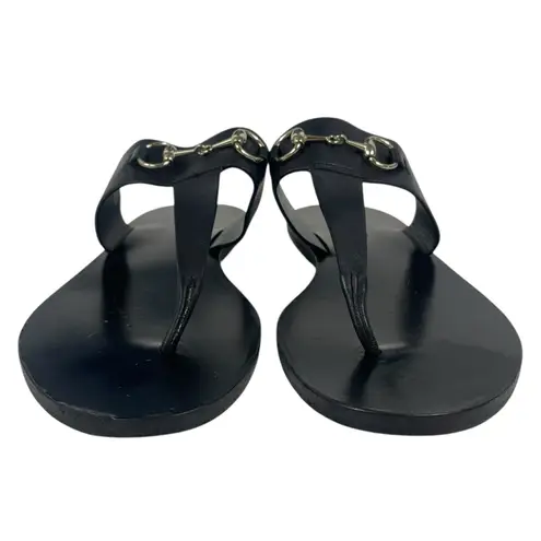 Gucci  Horsebit Calf Leather Thong Sandal Slide Black Silver Size 37.5
