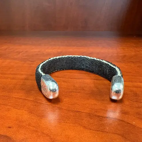 Woven Cuff Bracelet Silver Tone Ends Southwestern Boho Western Style Black