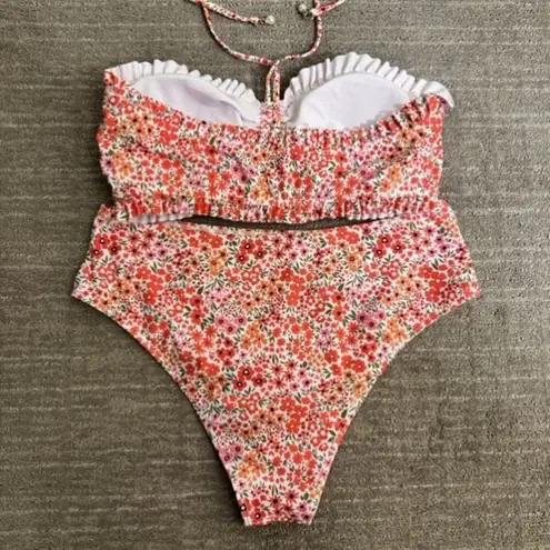 Orange Pink Red Floral Swimsuit Bikini Ruffle Bandeau Halter Top XL NWOT Pink