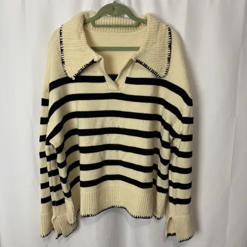 Unbranded Women’s Collared Polo Sweater Cream & Navy Stripe 2XL Nautical Boho Blue Size 2X