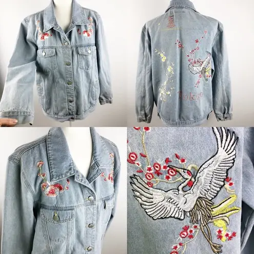 Riva Fashion Floral Boho heavily Embroidered with Cherry Blossom Jeans Jacket L Blue Size L