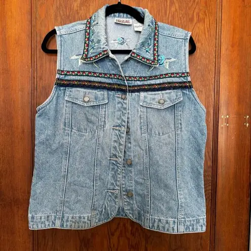 Bill Blass Vintage 90s Embroidered Floral Rhinestone Denim Vest M Cottage Garden