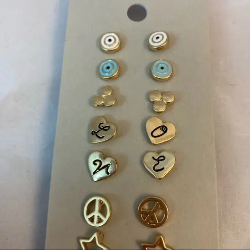 BP . Earrings Set 9 Pair Love Heart Stars Moon Peace Gold Studs Casual Trendy