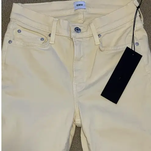 Edwin Endurance Mid Rise Bree Skinny Jeans Raw Hem Daisyness 25 x 26 NWT FLAW Yellow
