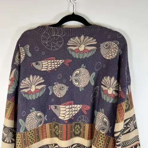 Boho Artsy Fish Graphic Sweater Women's Colorful Wool Knit Pullover Size XXL Purple