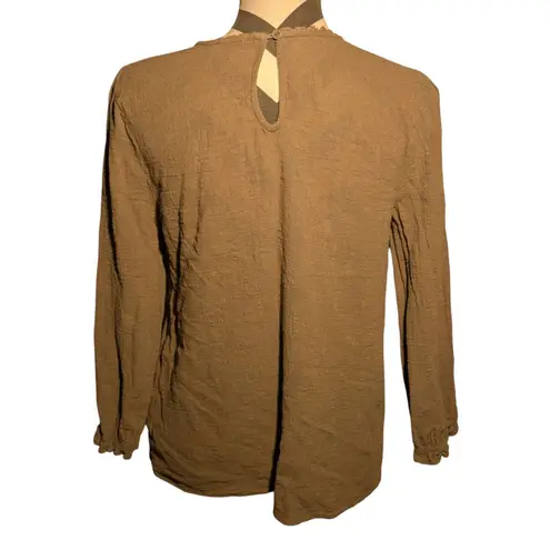 JODIFL Brown Embroidered Floral Crinkle Long Sleeve Top - Size M