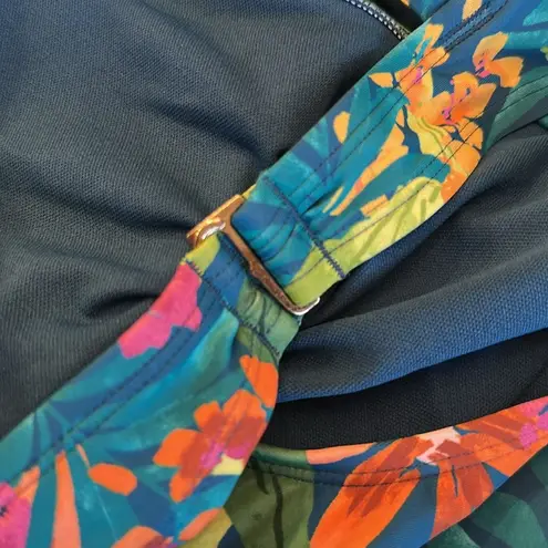 Kona Sol Tropical Print Shirred Full Coverage One Piece Swimsuit Sz L