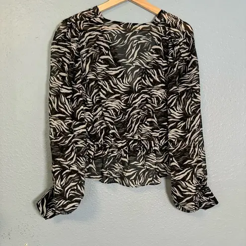 The Kooples Flowing Black and White Zebra Print Sheer V Neck Blouse Size Medium