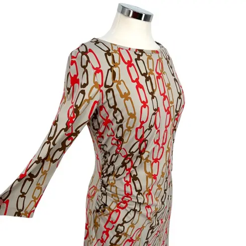 J. McLaughlin Chain Print Dress 3/4 Sleeve Draped Waist Gray Multi Size Medium