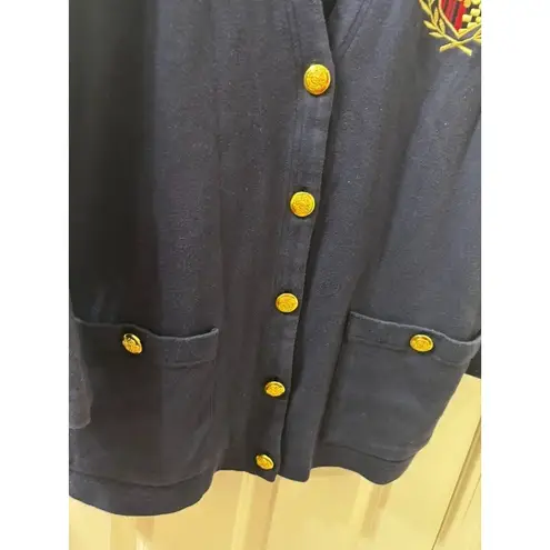 Y2K Chaus Navy 100% Cotton Cardigan Nautical Crest PREPPY Gold Buttons L Blue Size L
