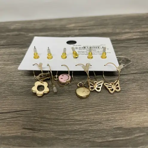 Gold Butterfly Flower Pearl Pink Smiley Hoop & Stud Earrings Set Gold