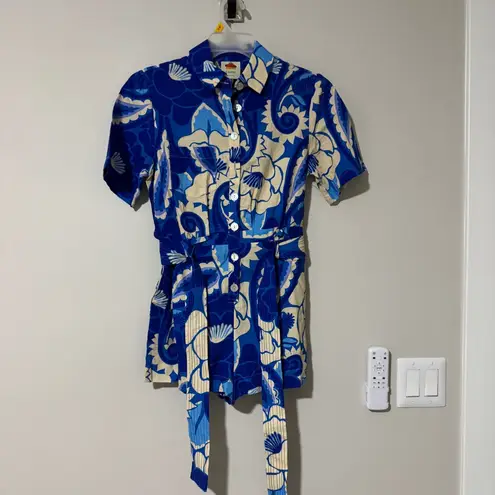 Farm Rio Tropical Groove Linen Belted Romper Blue Size XS