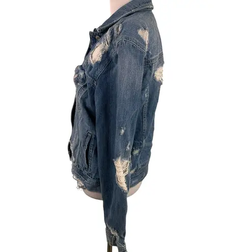 American Eagle  Distressed Crochet Accent Button Up Jean Jacket Size Medium