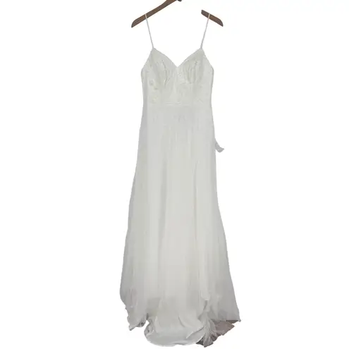 Lulus Love Perfection White Lace Tulle Pearl Beaded Maxi Dress Size M Size M
