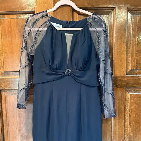 JJ's House JJ’s House Dark Navy Evening Gown Size 8 Beaded Sleeve Floor Length Formal Dress