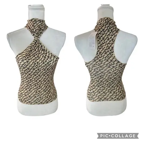 Urban Outfitters NWT  Alba Halter Top Black Beige Printed Racerback Size Small