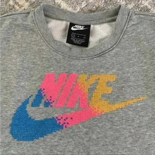 Nike  Grey Cropped Sweatshirt with Multicolor Swoosh, Embroidered Sweatshirt, S