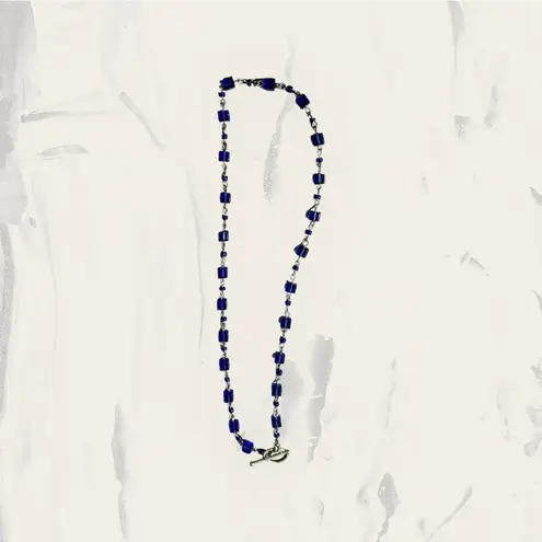 Silver Tone Necklace Blue Lapis Bead Woven Link Toggle Clasp Statement Jewelry