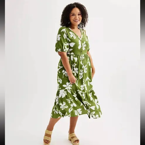 Sonoma Femme Puff Linen Blend Midi Dress Green Floral Button Down Women’s large