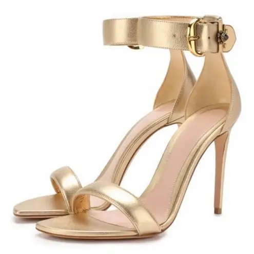 Alexander McQueen jeweled buckle gold leather high heel ankle strap sandal IT 40