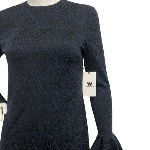 W By Worth  Jacquard Dress Women 0 Bell Sleeve Floral Evening Career Classic Navy