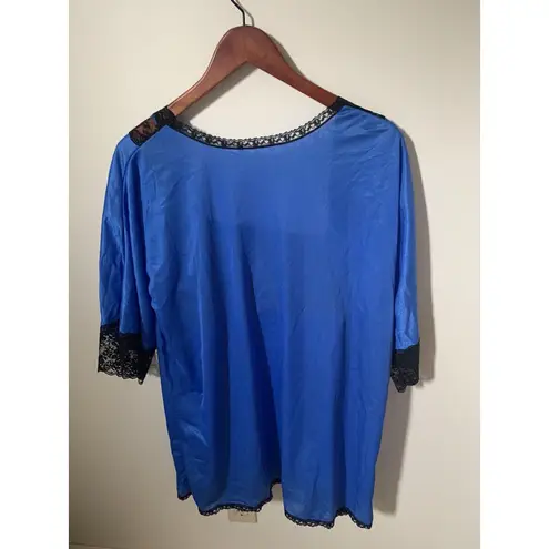Vintage Nighty Lingerie Set Robe Satin Nylon Womens Size Medium Blue Black Lace