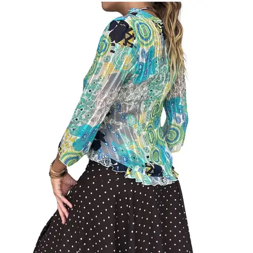 Bay Studio Retro Print Ruffle Tie Cardigan Blue