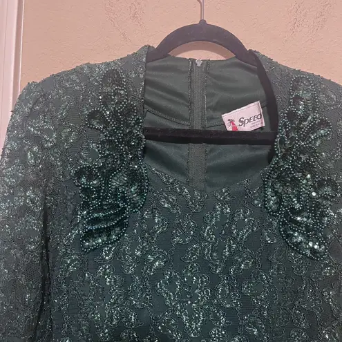 Vintage Green Cocktail Dress Sequins Beaded Midi Full Skirt Gown Sz 6/8