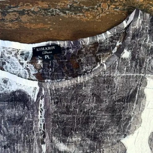 Komarov Black and White Floral Crinkle Midi Dress w/ Lace Shoulders