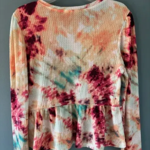 Good Luck Gem XL Top Peplum Tie Dye Waffle Knit Boho Artsy Long Sleeve White