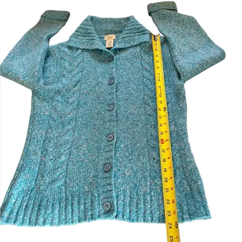 LL Bean Vintage Wool Blend Confetti Cable Knit Cardigan Sweater Womens Medium Blue