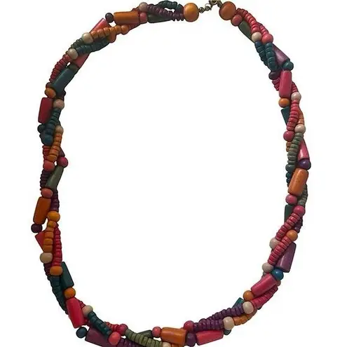 Vintage Colorful Wooden Beaded Twist
Statement Necklace Rainbow Y2K Handmade