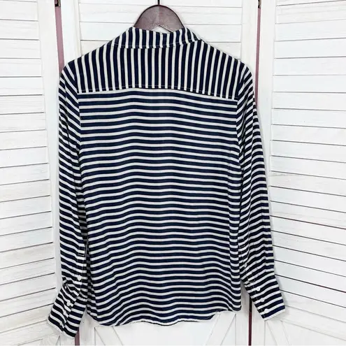 J. Crew Striped Silk Button Up Long Sleeve Shirt Blouse Blue White Small