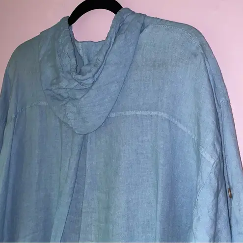 Cherishh Size L Blue Linen Jacket Hooded Zipper Lagenlook Beach Cardigan
