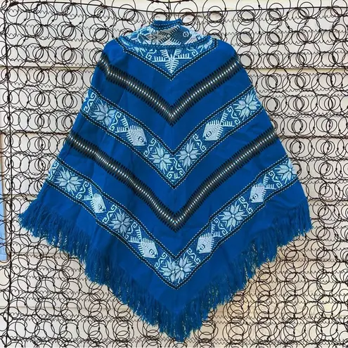 Vintage Ecuadorian Wool Cape Poncho Fringe Saddle Blanket with Neck Tie Size L