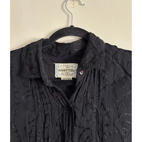 Vintage Rosettes Button Up Shirt Tunic Whimsigoth Y2K Medium Black Sheer Goth