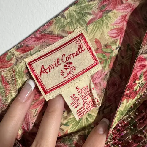 Vtg APRIL CORNELL Dress Women S Floral Beaded Midi Tie Back Boho Cottage Fairy Pink