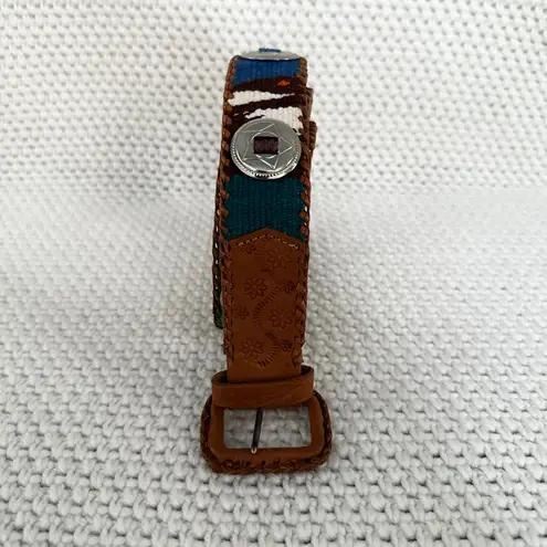 Artisan Vintage Tan Tooled Leather Guatemala Woven Multi Silver Ring Belt OS