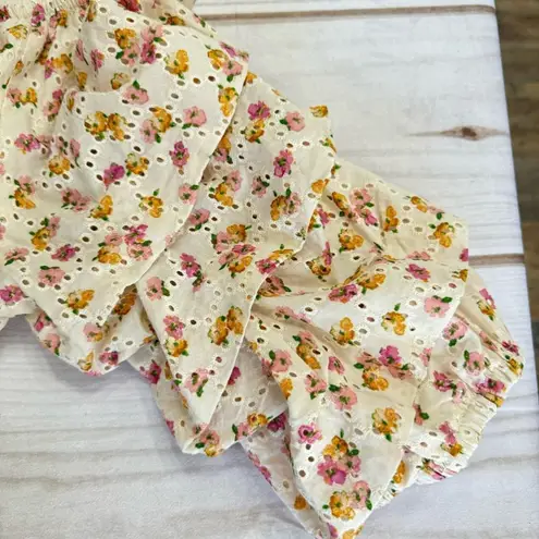 CeCe Cream Dainty Flowers Eyelet Off Shoulder Blouse Ruched Ruffle Half Sleeves