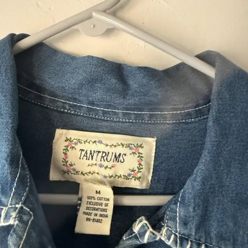Tantrums Jacket Vintage Medium Denim Embroidered Lace Boho Button Up Cottage Blue