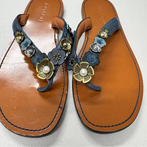 Coach  Blue Leather Tea Rose Multi Flip Flop Womens 9 Sandals Flat Beachy Casual