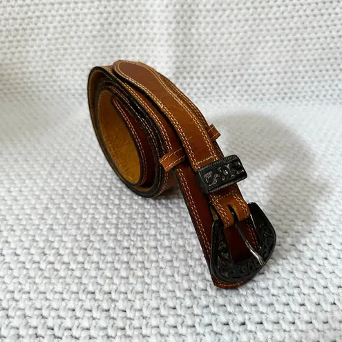 First Issue Vintage Tan Leather Western Silver Buckle Boho Wrap Slim Belt Large Brown