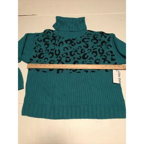 Nine West Sweater Women’s Sz M Teal Cheetah Ribbed Knit Turtleneck Pull Over New